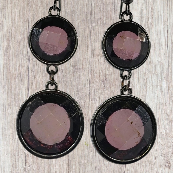 Vintage Elegant Double Drop Black and Silver Trim Clear Dark Dangle Earrings - Picture 3 of 5